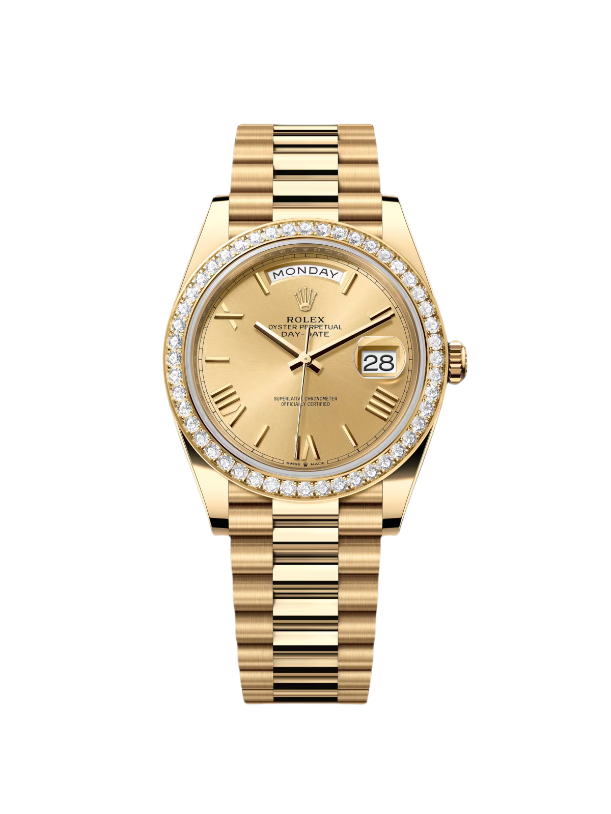 【Free Shipping】【Super Clone】RLX Day-Date 40mm Champagne Dial and Diamond Bezel Yellow Gold President Bracelet  228348RBR-0003