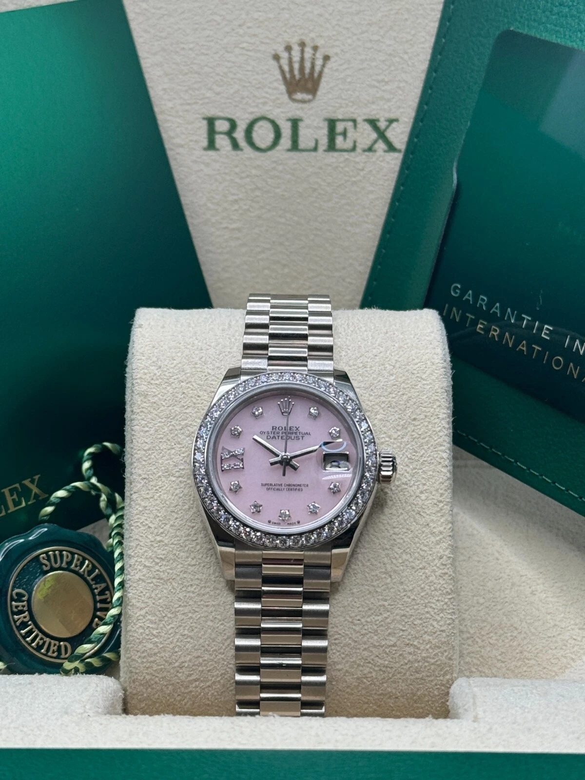 【Free Shipping】【Super Clone】RLX Lady-Datejust 28mm 279139RBR Pink Opal Diamond Dial and Diamond Bezel White Gold Bracelet
