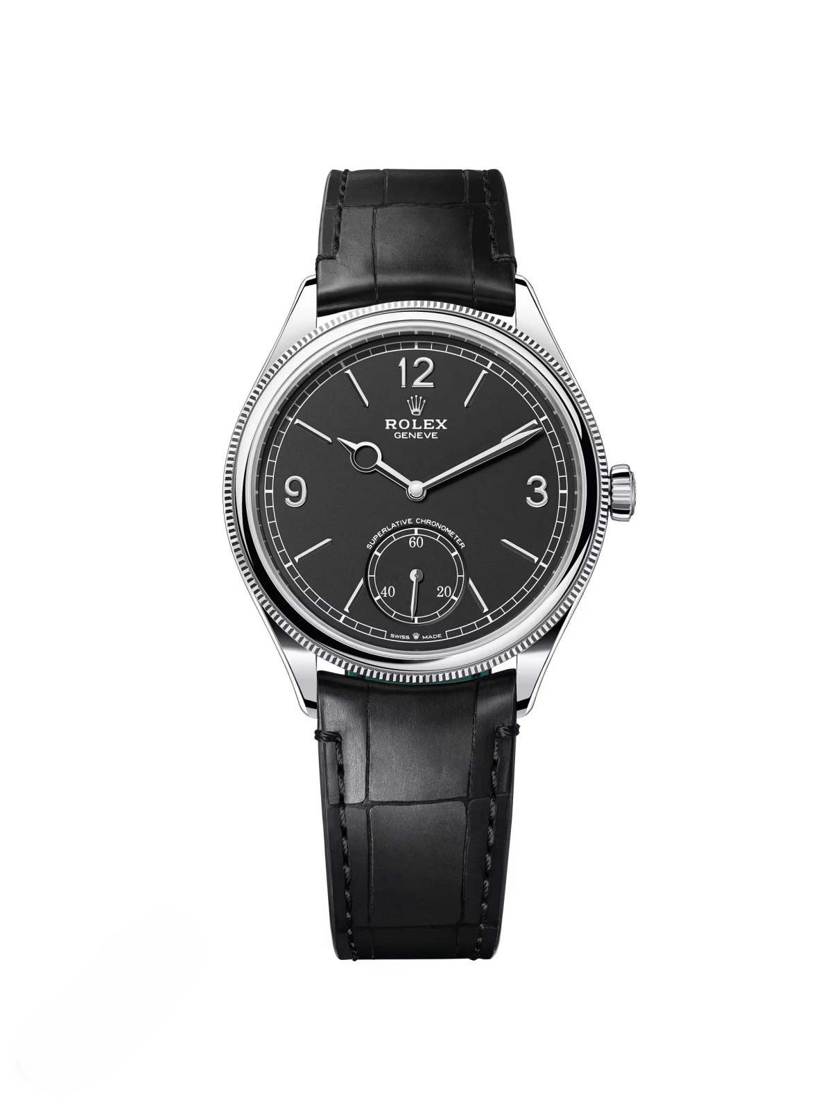 【Free Shipping】【Super Clone】Rolex 1908 White Gold Black Dial Black Alligator Strap - 52509-0002
