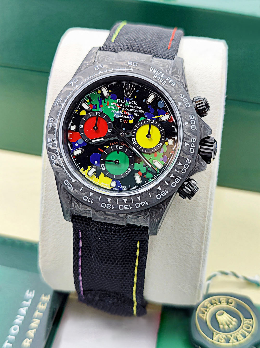 【Free Shipping】Rolex Cosmograph Daytona DIW Carbon Motley Multicolour Dial Super Clone Swiss Replica Watch | Custom Made Limited Edition |