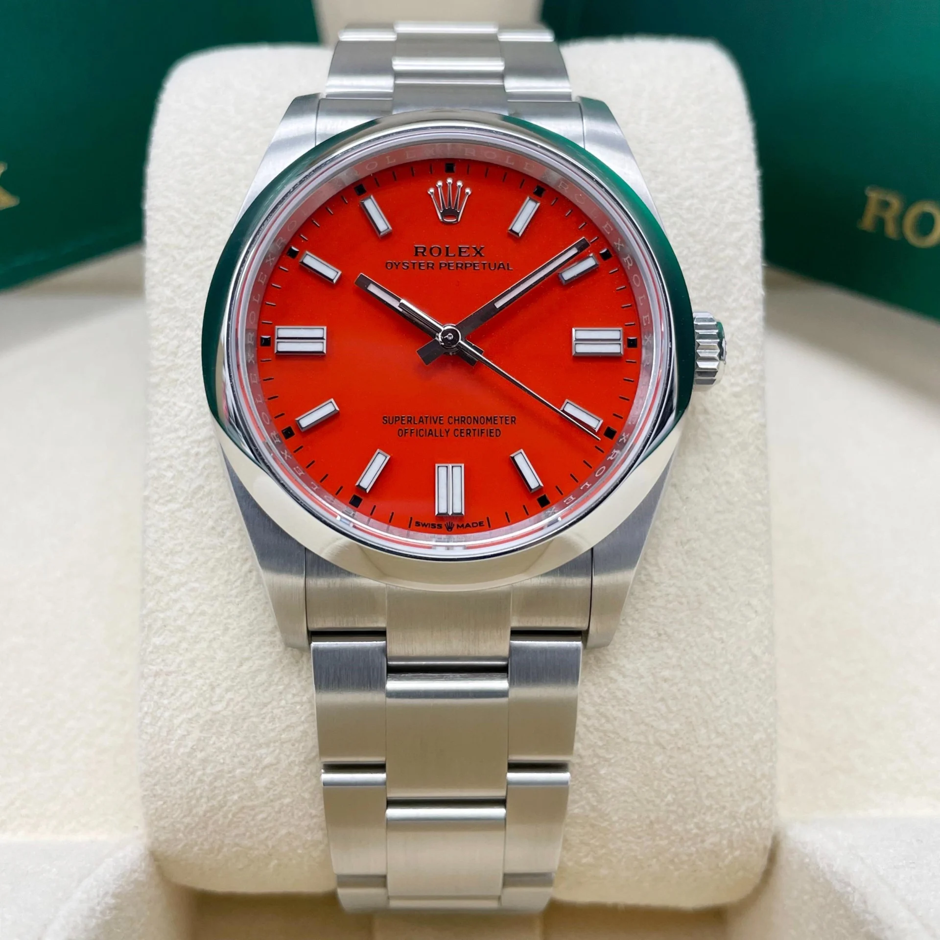【Free Shipping】【Super Clone】RLX Oyster Perpetual 36mm 126000-0007 Coral Red Dial Steel Watch